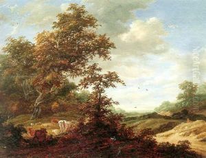 Landscape With Cattle Resting In A Clearing Beside A Country Road by Jacob Salomonsz van Ruysdael