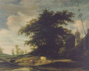 A Wooded River Landscape With Cowherds And Shepherds Wirh Their Livestock Resting In A Glade, A Village Beyond A Wooded River Landscape With Cowherds And Shepherds Wirh Their Livestock Resting In A Glade, A Village Beyond