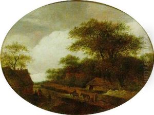 Flachhugelige Landschaft Mit Einzelnen Eichen, Figurenstaffage Und Bauernhausern
