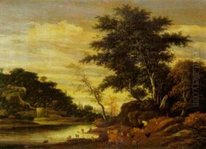 Vor Einem Bewaldeten Hugel, Links Ein Wasserlauf, Am Rechten Ufer Eine Viehherde Mit Hirten by Jacob Salomonsz van Ruysdael