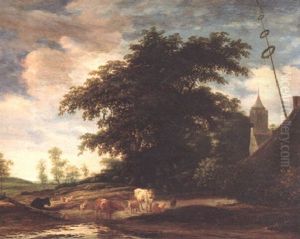Wooded River Landscape With Cowherds And Shepherds With Livestock Resting by Jacob Salomonsz van Ruysdael