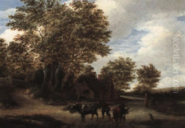 Wooded Landscape With A Herder Driving Cattle Beside A Cottage - view 1