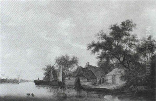 A River Landscape With Two Smalschips Anchored Near A Cottage: Two Figures In A Rowing Boat Set Out From The Bank - view 1