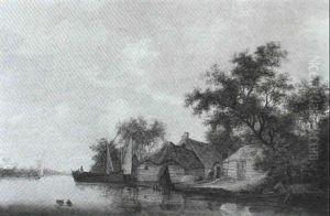 A River Landscape With Two Smalschips Anchored Near A Cottage: Two Figures In A Rowing Boat Set Out From The Bank A River Landscape With Two Smalschips Anchored Near A Cottage: Two Figures In A Rowing Boat Set Out From The Bank