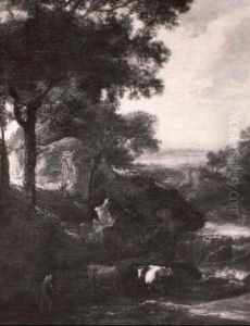 Bewaldete Gebirgslandschaft Mit Einem Wasserfall Und Kuhen Bewaldete Gebirgslandschaft Mit Einem Wasserfall Und Kuhen