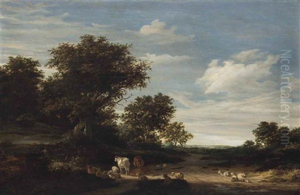 A Wooded Landscape With Sheep And Cattle - view 1