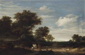 A Wooded Landscape With Sheep And Cattle by Jacob van Ruysdael