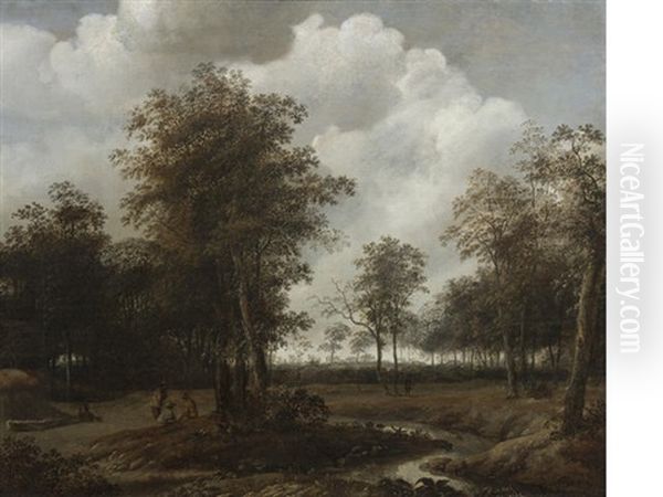 A Wooded Landscape With Figures Resting Near A Track - view 1