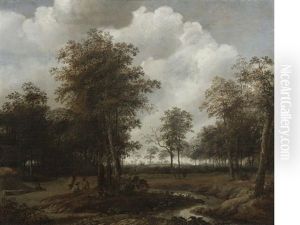 A Wooded Landscape With Figures Resting Near A Track by Jacob van Ruysdael