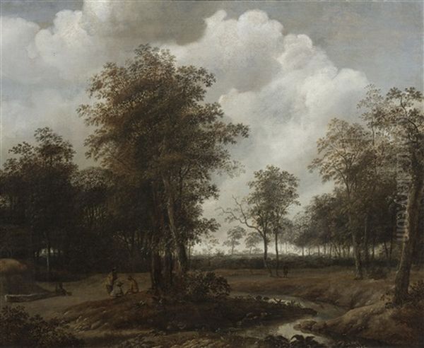 A Wooded Landscape With Figures Resting Near A Track - view 1