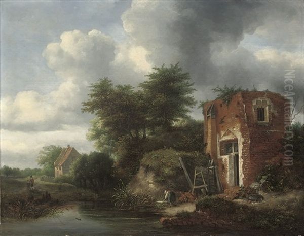 A Wooded River Landscape With A Washerwoman By A Cottage - view 1