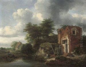 A Wooded River Landscape With A Washerwoman By A Cottage by Jacob van Ruysdael