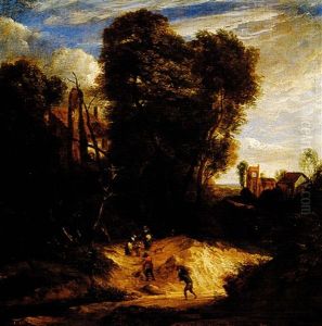 Figures On Their Way Home, A Village Nearby by Jacob van Ruysdael