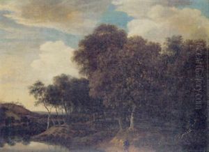 Promeneur Dans Un Paysage Boise Pres De La Riviere by Jacob van Ruysdael