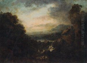 An Extensive Mountainous Landscape With Anglers By A Waterfall by Jacob van Ruysdael