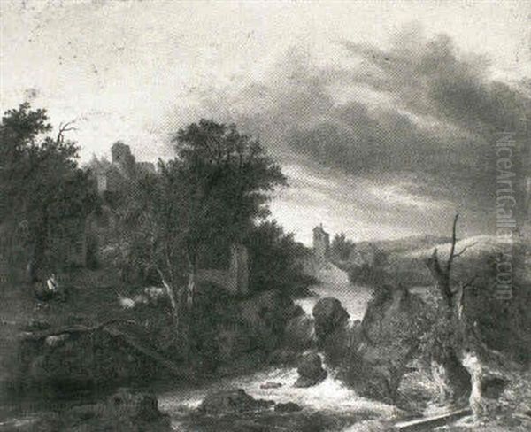 A Shepherd And His Companion Seated In A Glade Before A Village At The Side Of A River Bank With Water Falling Into - view 1