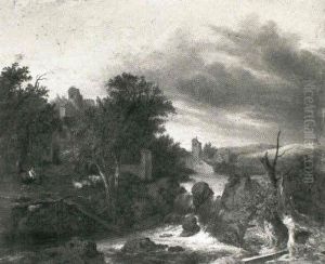 A Shepherd And His Companion Seated In A Glade Before A Village At The Side Of A River Bank With Water Falling Into by Jacob van Ruysdael
