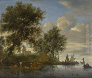 River Landscape With Animals And Figures In A Ferry, A Church Tower And Sailing Boats Beyond by Salomon van Ruysdael