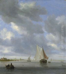 An Estuary With A Ferry And Other Vessels, A Church And Windmill Beyond by Salomon van Ruysdael