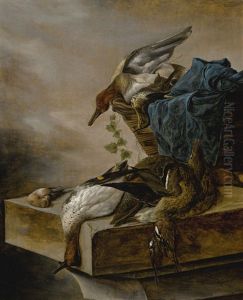Still Life Of Game On A Ledge And In A Basket, A Landscape Beyond by Salomon van Ruysdael