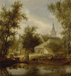 A Wooded River Landscape With A Ferry At The Outskirts Of A Village