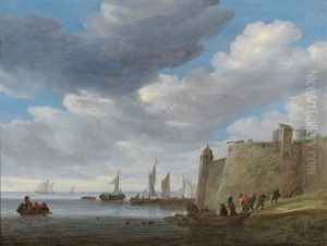 A River Estuary With Figures Pulling In Their Nets By A Fort