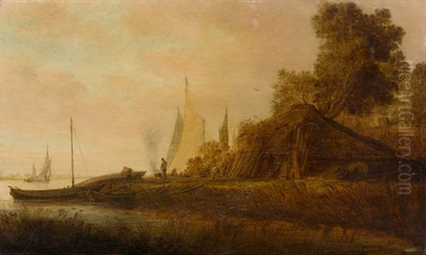 Uferlandschaft Mit Booten, Scheune Und Mannern Bei Der Arbeit - view 1