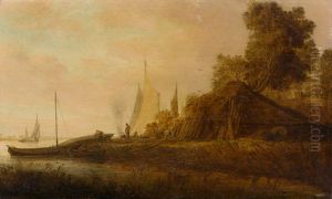 Uferlandschaft Mit Booten, Scheune Und Mannern Bei Der Arbeit