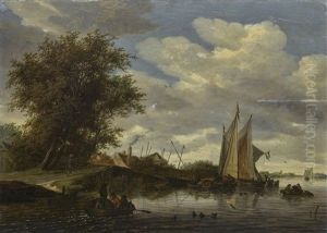 A River Scene With Figures In A Rowing Boat In The Foreground