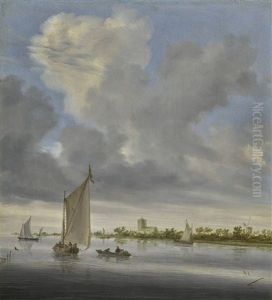 A River Scene With Boats In The Foreground And A Windmill And A Church In The Background by Salomon van Ruysdael