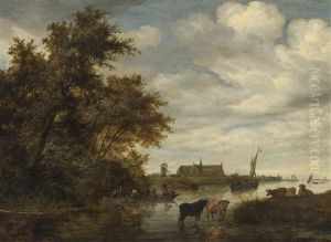 River Landscape With Fishermen And Cattle, The Grote Kerk Of Alkmaar Beyond