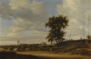 Landscape With Wagons On A Sandy Road With Other Travellers And Cows, A Church Beyond Landscape With Wagons On A Sandy Road With Other Travellers And Cows, A Church Beyond