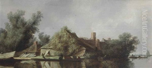 A River Landscape With Peasants Ferrying Their Livestock Before A Farmhouse - view 1