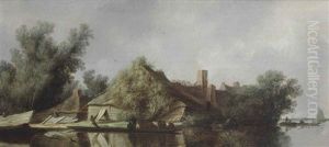 A River Landscape With Peasants Ferrying Their Livestock Before A Farmhouse by Salomon van Ruysdael