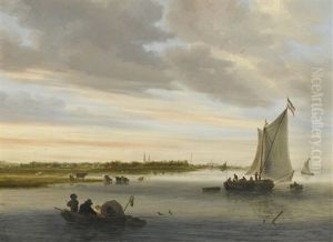 River Landscape Near The City Of Haarlem With Cattle And Fishing Boats
