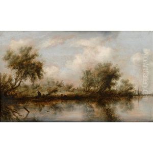 Landscape With River And Figures On Bank by Salomon van Ruysdael