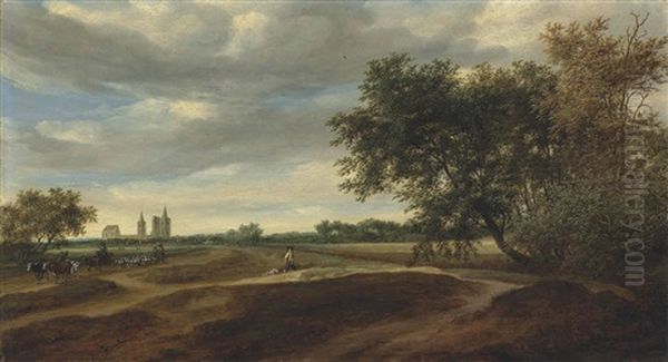 A Wooded Landscape With A Herdsman On Horseback Driving His Cattle And Shepherds With Their Flock, A Man Walking His Dogs In The Dunes, A Village With The Ruins Of Egmond Abbey Beyond - view 1