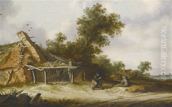 Two Seated Travellers Conversing Beside A Sandy Road In Front Of A Ruined Barn, A Town With A Church Spire In The Distance - view 1