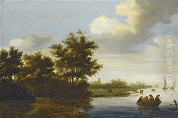 River Landscape With Trees Overhanging The Bank, A Rowing Boat And A Distant Church - view 1