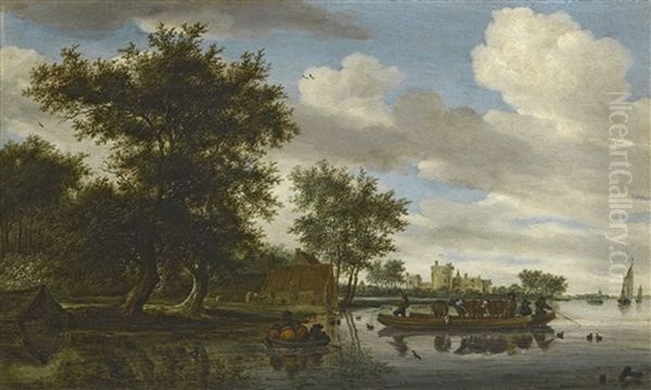 The River Lek With A Rowing Boat And Cattle Ferry, And Liesvelt Castle In The Distance - view 1