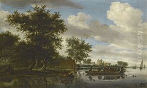The River Lek With A Rowing Boat And Cattle Ferry, And Liesvelt Castle In The Distance The River Lek With A Rowing Boat And Cattle Ferry, And Liesvelt Castle In The Distance