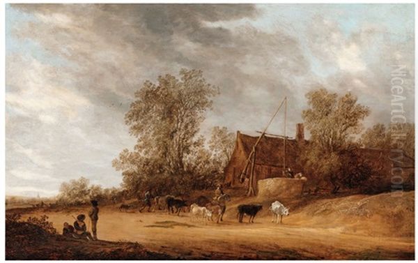 A Village Street With A Herd Of Cows By An Inn - view 1
