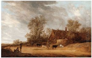 A Village Street With A Herd Of Cows By An Inn by Salomon van Ruysdael