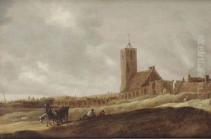 A View Of Egmond Aan Zee, A Horsedrawn Cart And Figures Resting In The Foreground by Salomon van Ruysdael