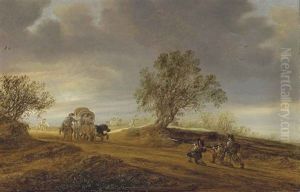 A Dune Landscape With Soldiers Attacking Travellers In A Covered Wagon by Salomon van Ruysdael