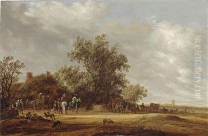 An Extensive Landscape With Travellers Halting At A Farmhouse, A Village Beyond by Salomon van Ruysdael