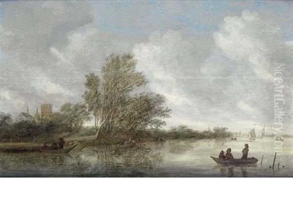 An Extensive River Landscape With Figures In A Barge, A Village Beyond - view 1