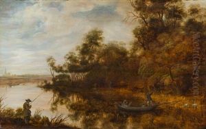 Flusslandschaft Mit Boot, Jager Und Fischer by Salomon van Ruysdael