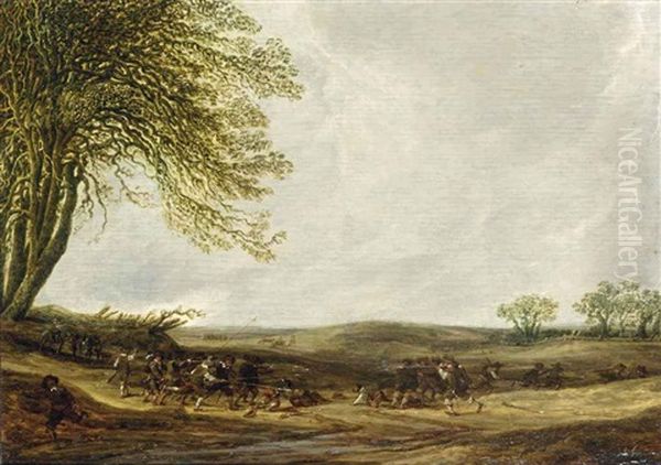 A Hilly Landscape With Infantrymen In Combat - view 1