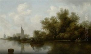 Flusslandschaft Mit Segelschiffen Und Fischern Im Vordergrund by Salomon van Ruysdael